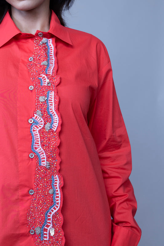 CORAL COLORED MULTI COLOR EMBROIDERED SHIRT
