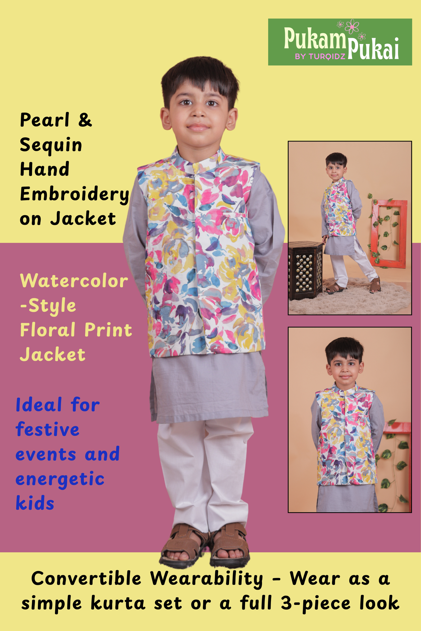 Multi-colored embroidered Nehru jacket with kurta and pant