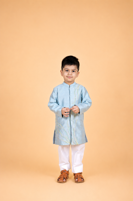 ICE BLUE EMBROIDERED SHERWANI PAIRED WITH PYJAMA FOR BOYS