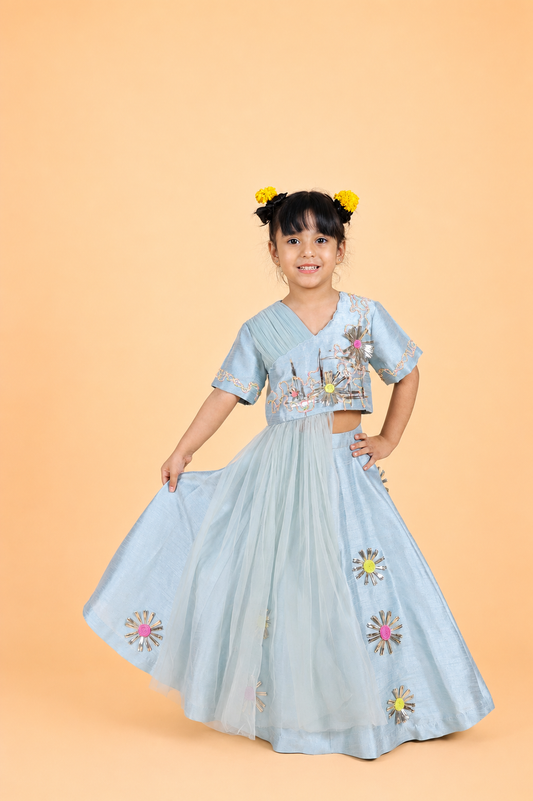 ICE BLUE 3D EMBROIDERED DRAPED BLOUSE PAIRED WITH LEHENGA SET FOR GIRLS