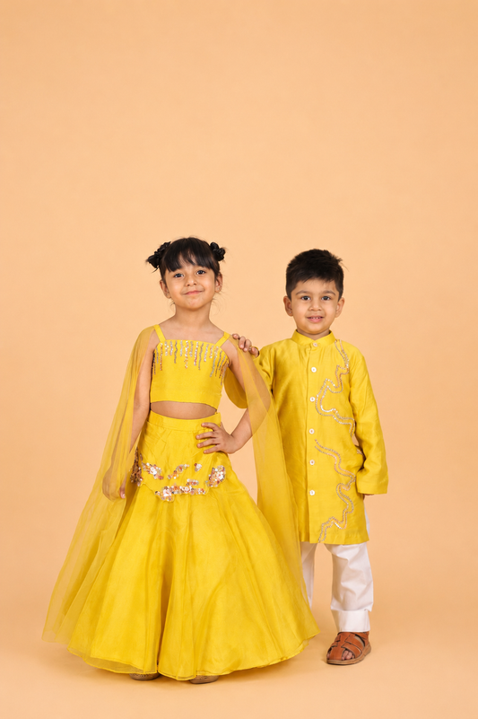YELLOW EMBROIDERED LEHENGA CHOLI WITH ATTACHED DUPPATA SET FOR GIRLS