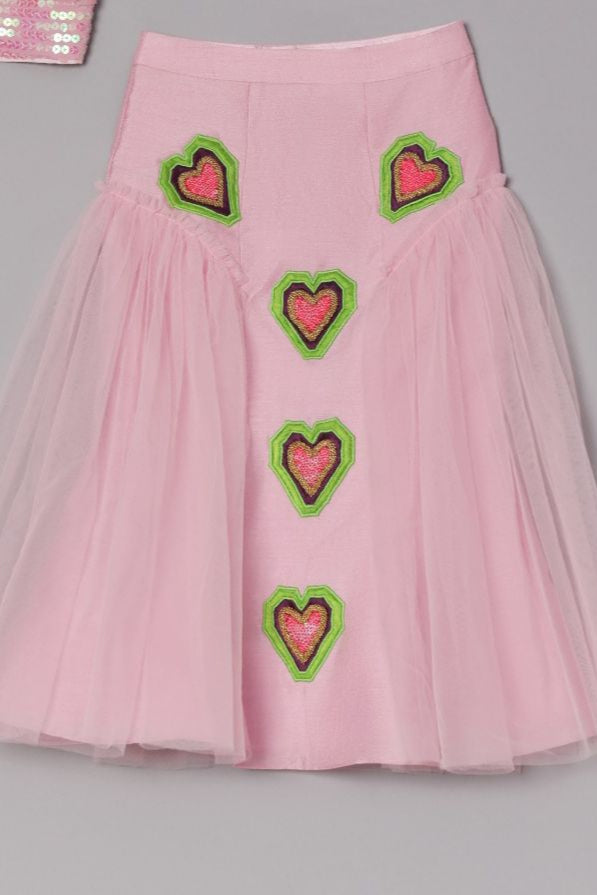 Lilac Pink Dupion Silk Embroidered Heart Applique Work Blouse And Lehenga Set