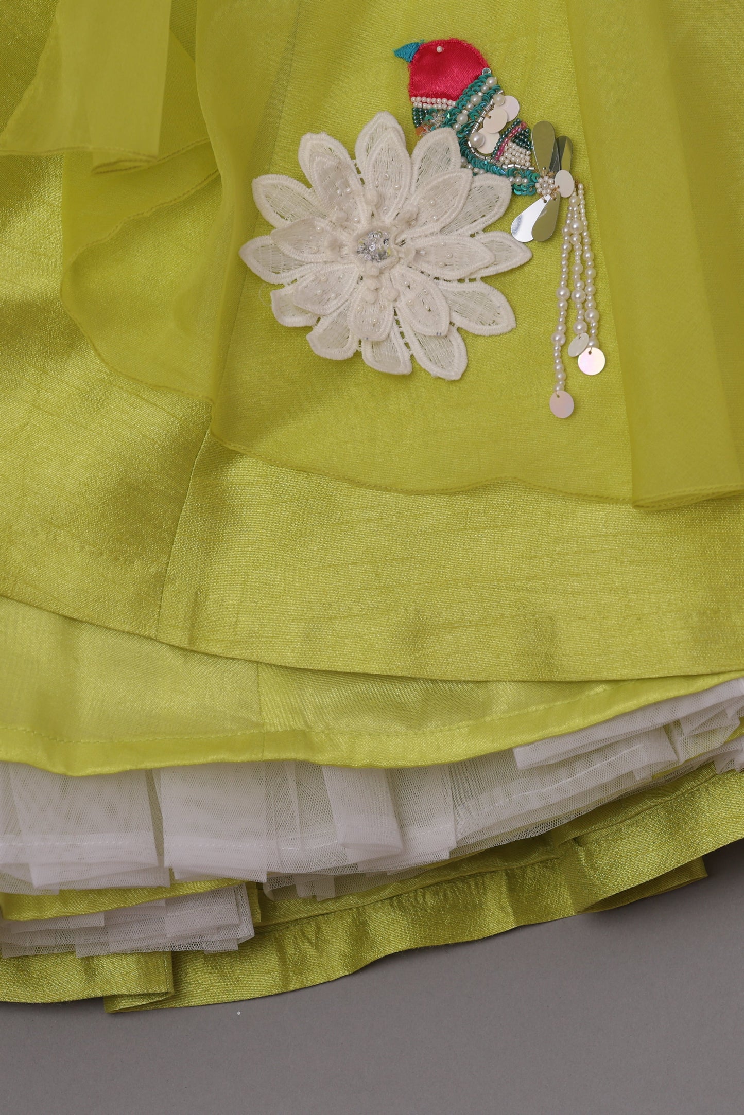 Sequins Embroidered Neon Yellow Top And Fabric Flowers Adorned Flap Lehenga