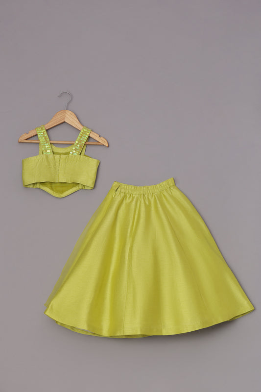 Sequins Embroidered Neon Yellow Top And Fabric Flowers Adorned Flap Lehenga