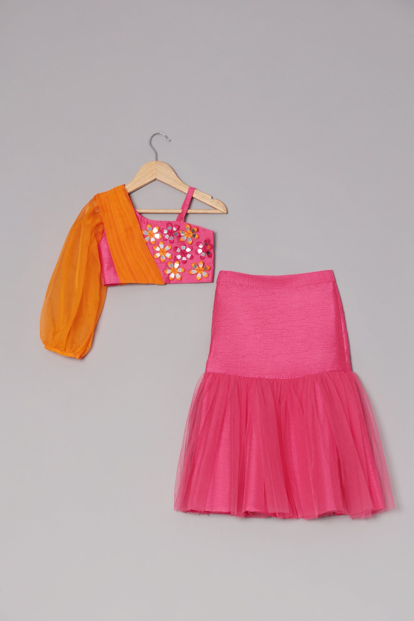 Hot Pink Dupion Silk Embroidered Thread And Mirror Work Blouse & Lehenga Set