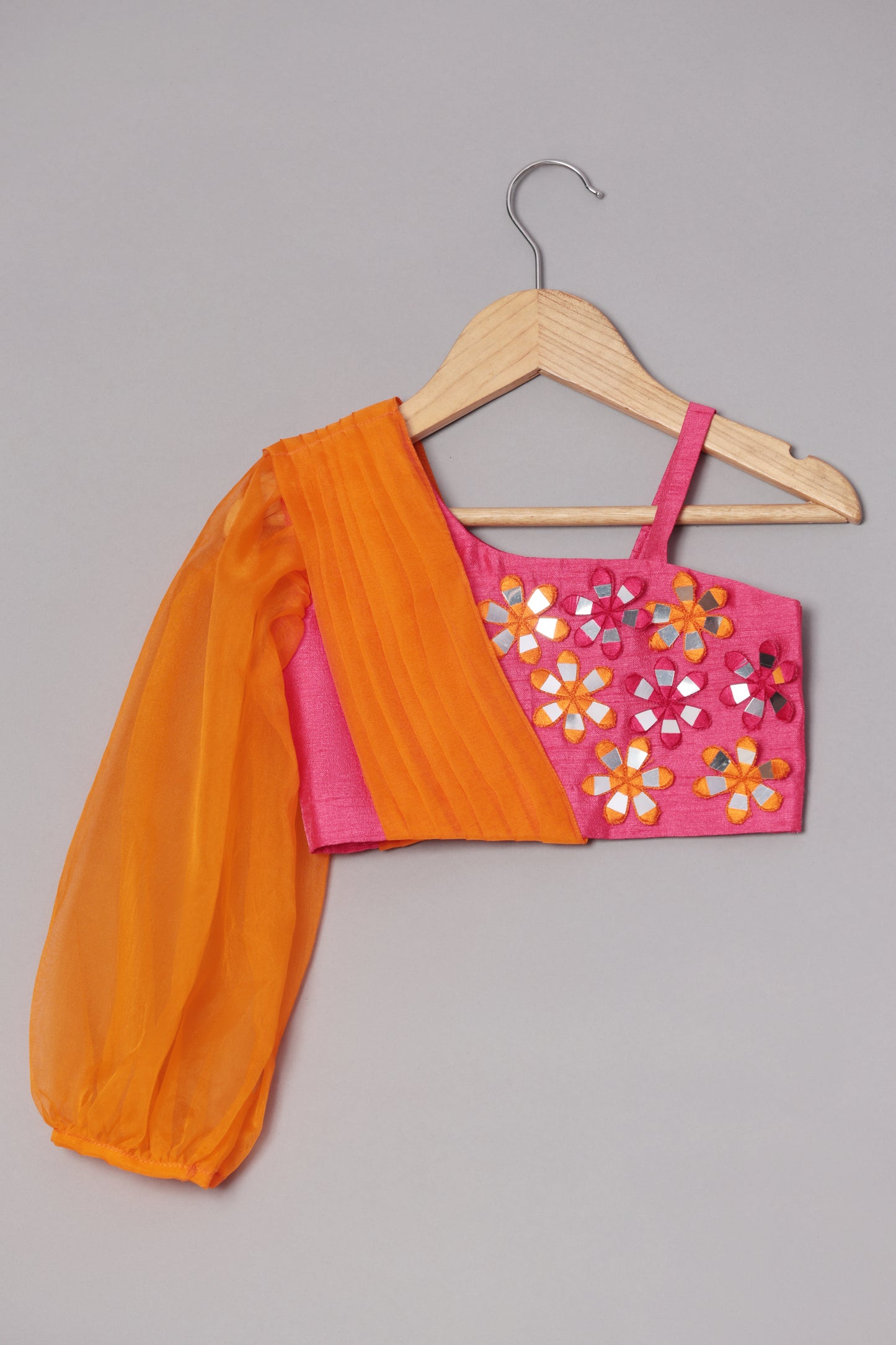 Hot Pink Dupion Silk Embroidered Thread And Mirror Work Blouse & Lehenga Set