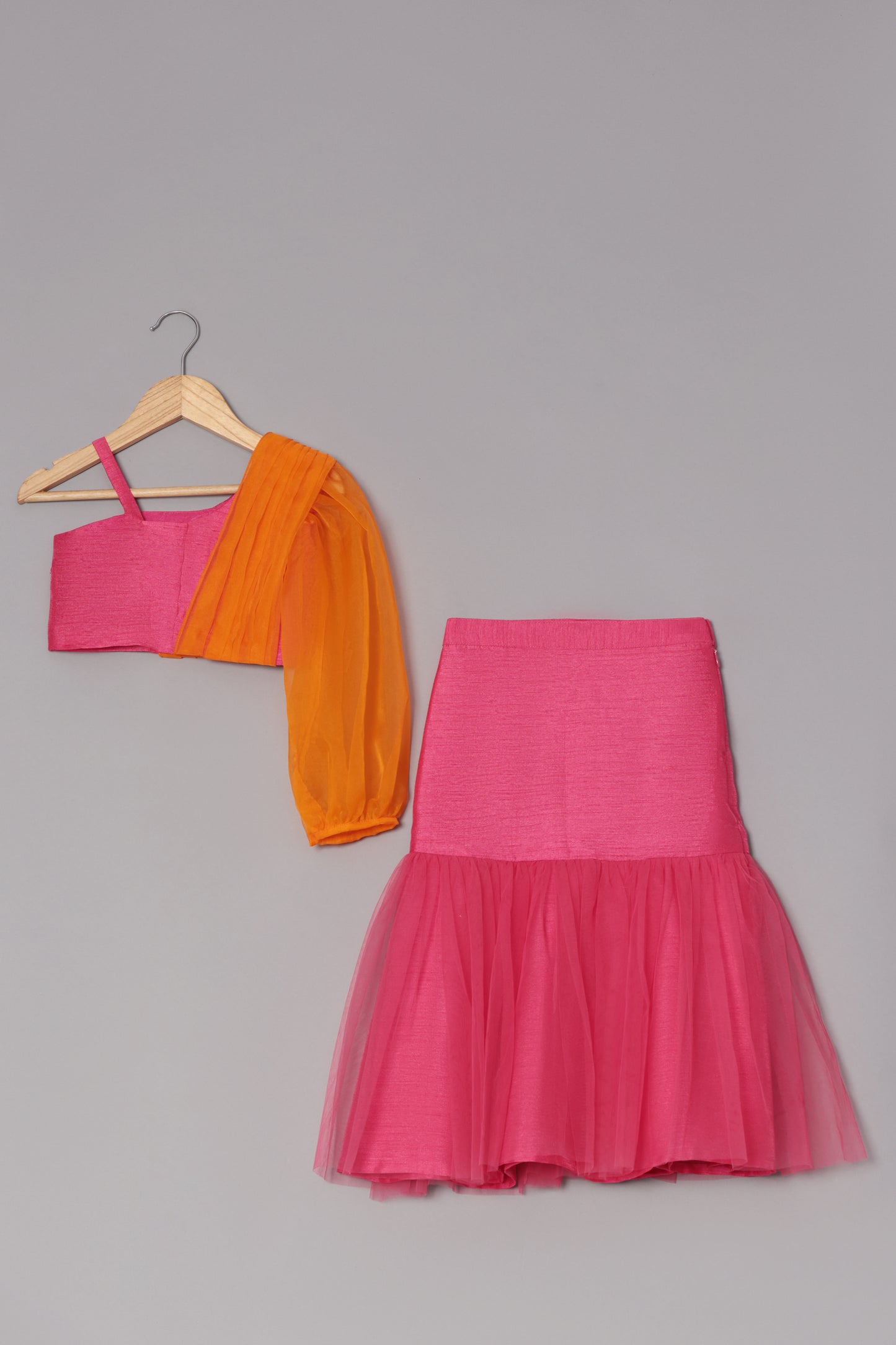 Hot Pink Dupion Silk Embroidered Thread And Mirror Work Blouse & Lehenga Set