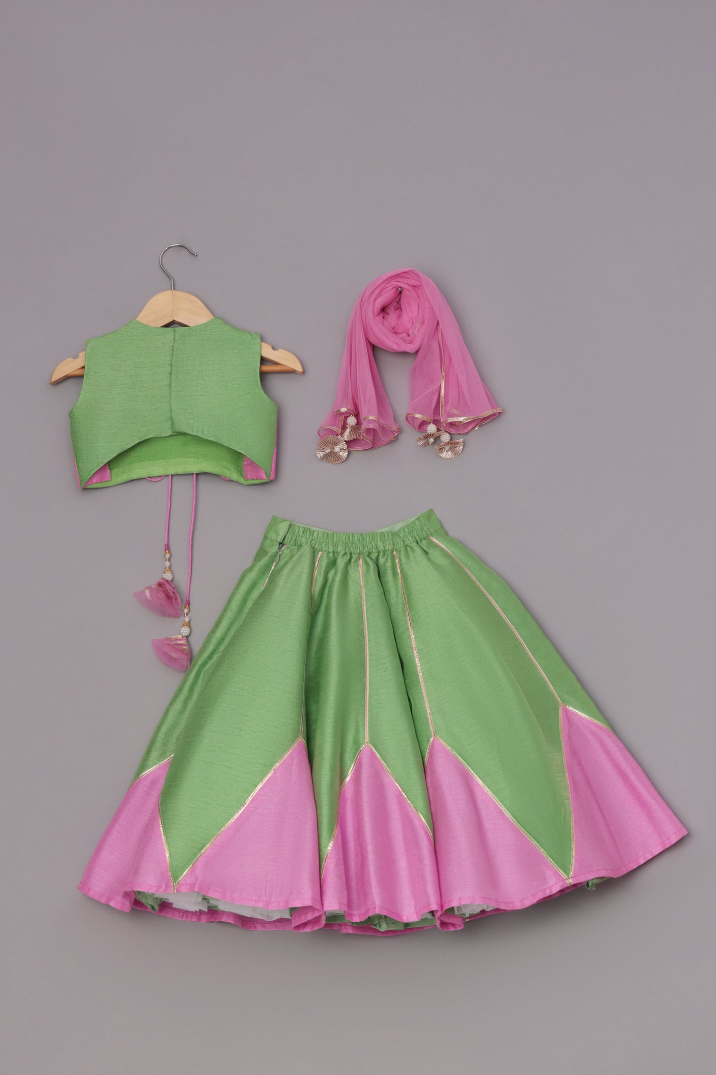 Green Dupion Silk Embroidered Thread Paneled Blouse Lehenga Set