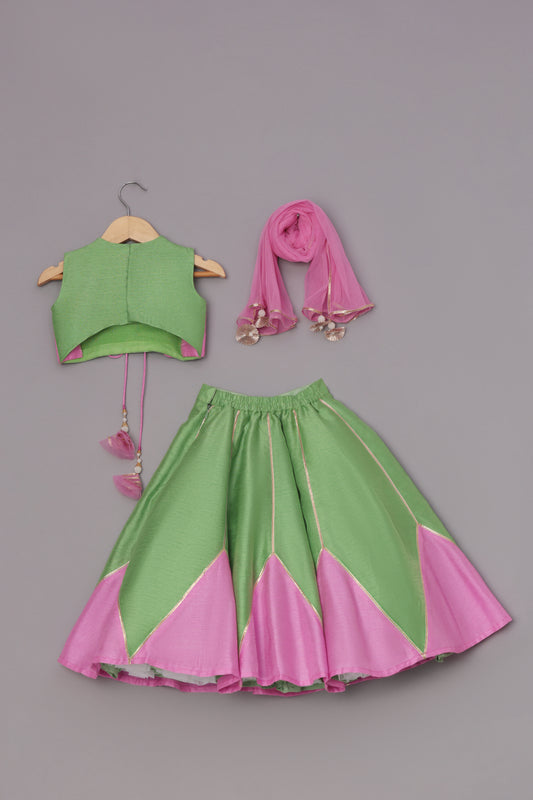 Green Dupion Silk Embroidered Thread Paneled Blouse Lehenga Set