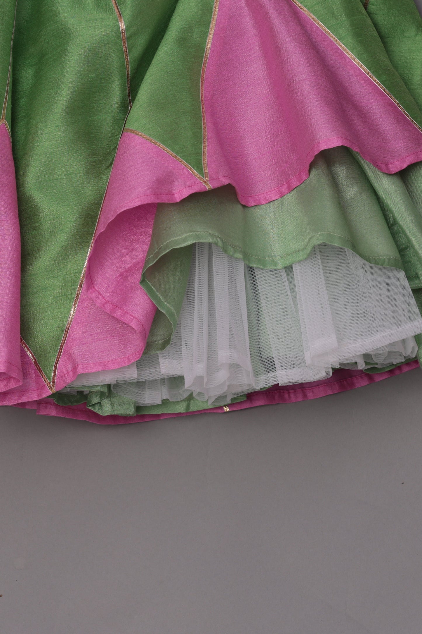 Green Dupion Silk Embroidered Thread Paneled Blouse Lehenga Set