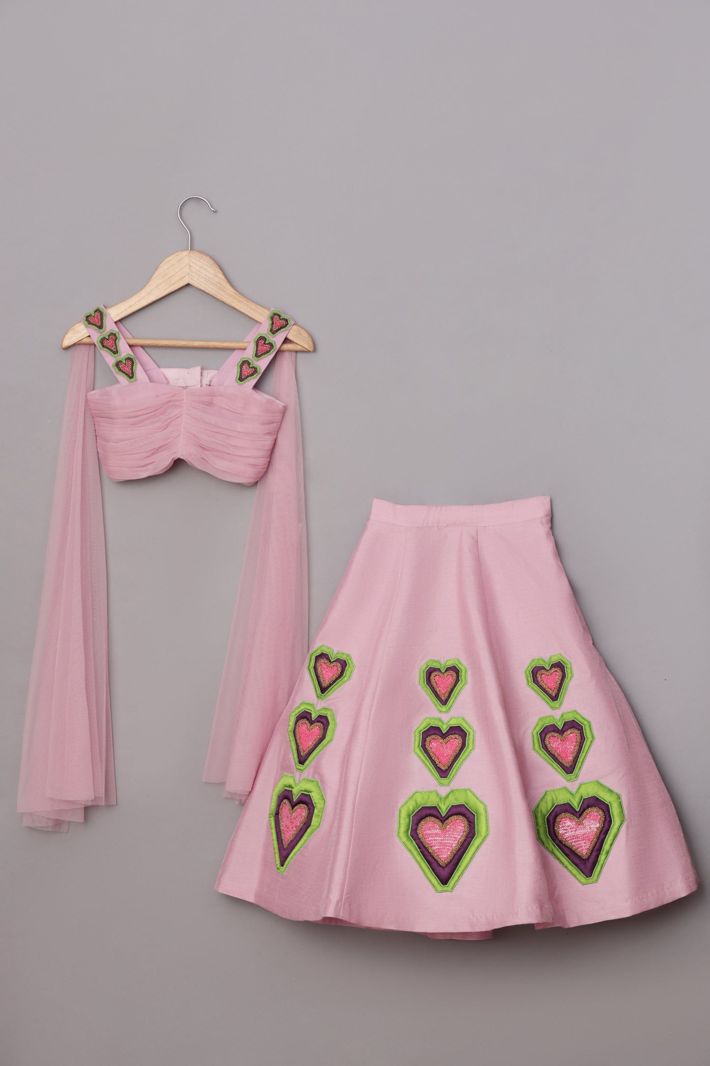 Lilac Pink Dupion Silk Embroidered Heart Applique Bustier And Lehenga Set