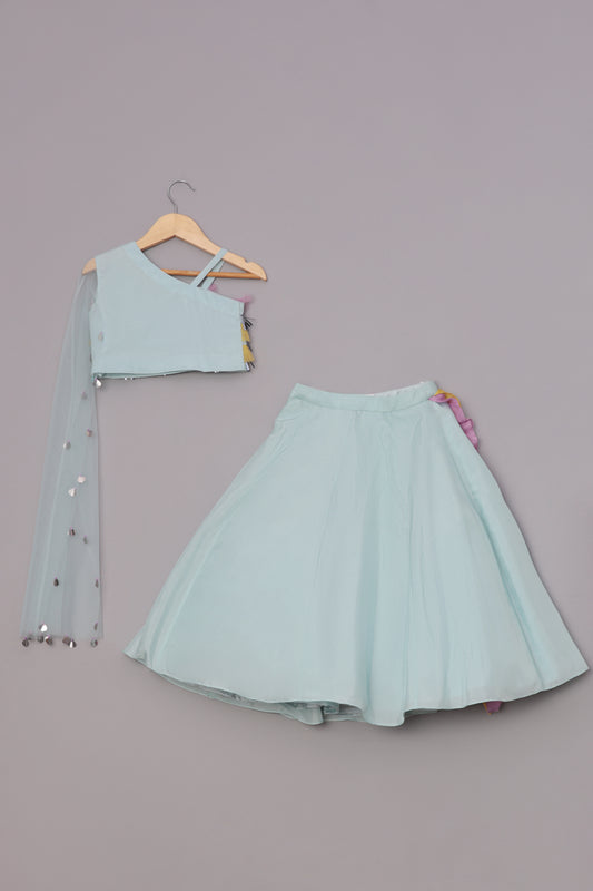 Multi-colored embroidered choli with attached dupatta with lehenga