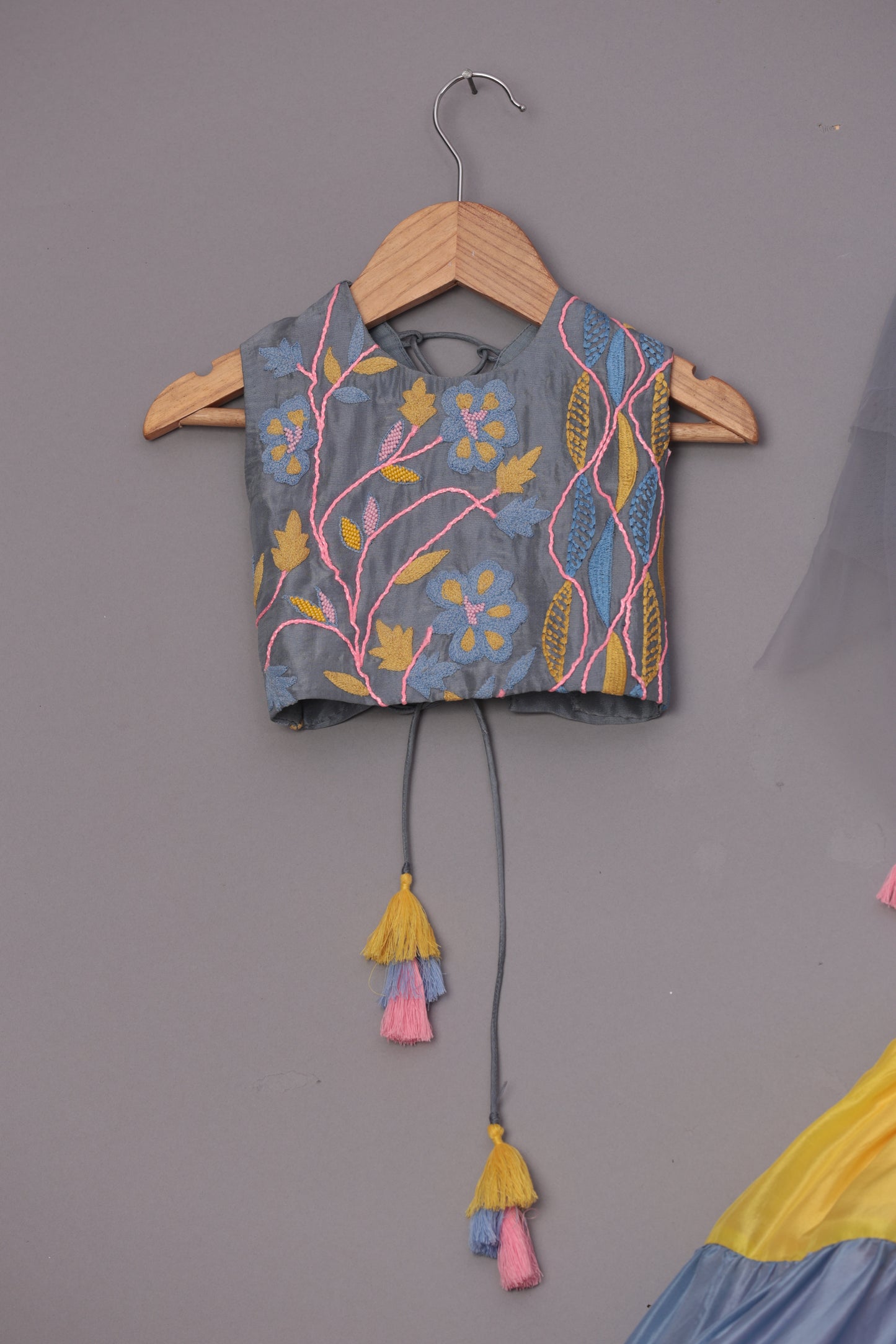 Grey Upada Silk Embroidered Thread Work Blouse Lehenga Set