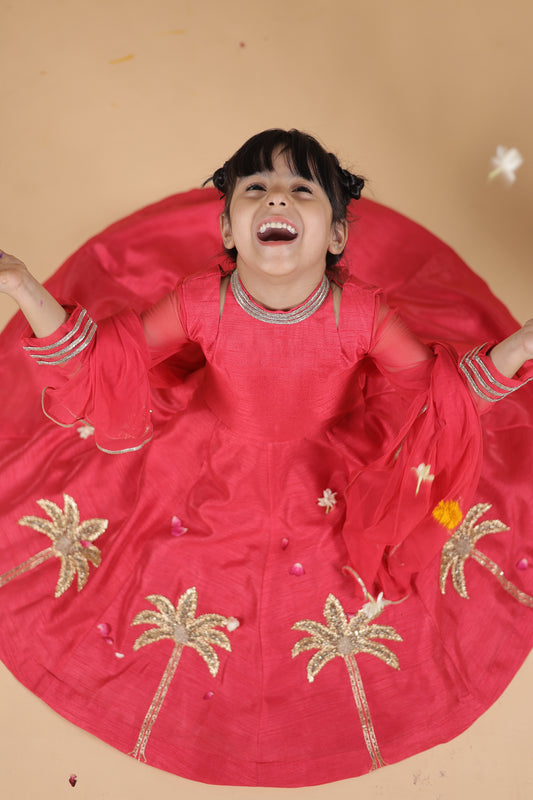 RED EMBROIRED ANARKALI PAIRED WITH DUPATTA SET FOR GIRLS
