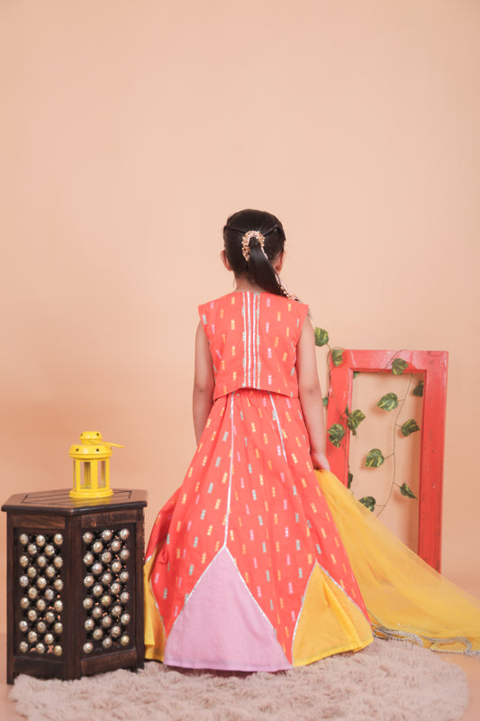 Multi-colored embroidered lehenga set with dupatta