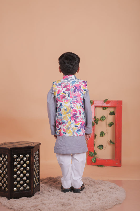 Multi-colored embroidered Nehru jacket with kurta and pant