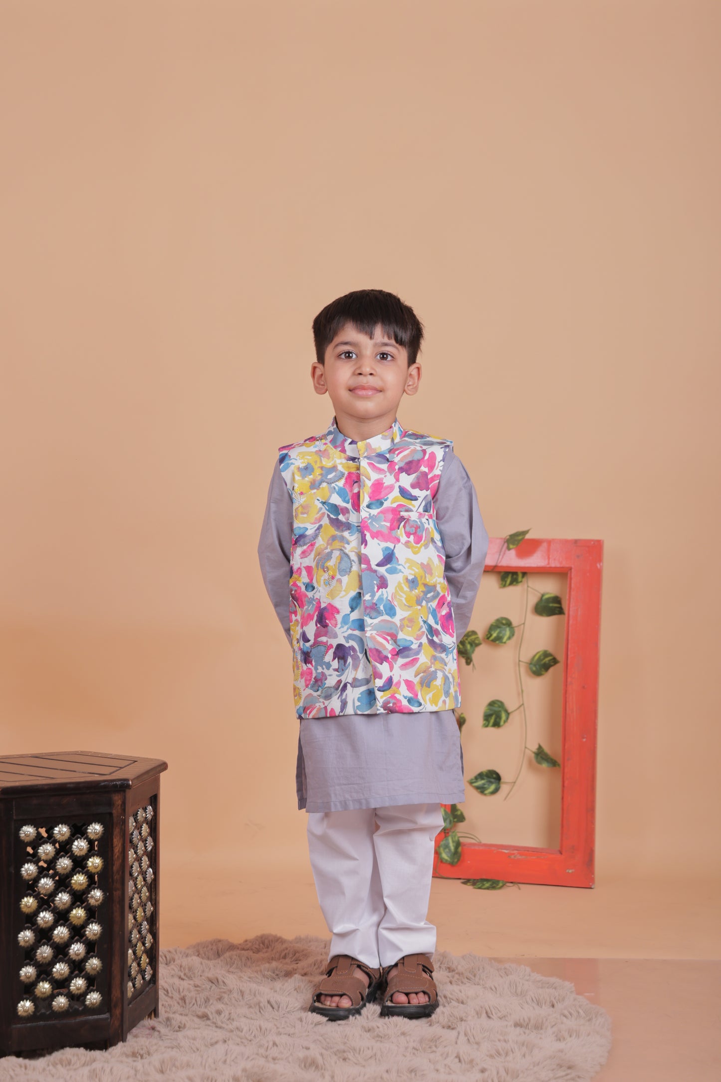 Multi-colored embroidered Nehru jacket with kurta and pant