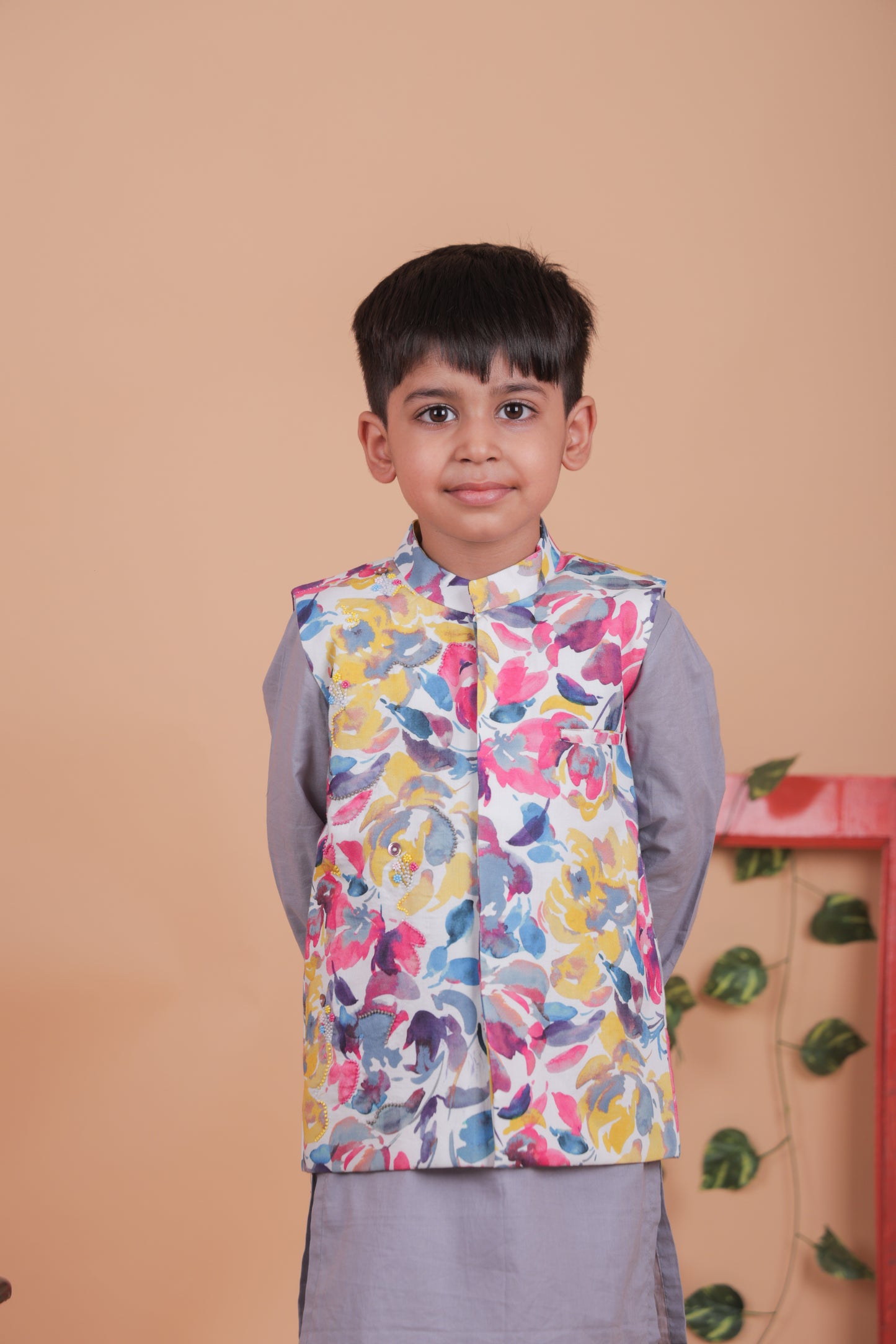 Multi-colored embroidered Nehru jacket with kurta and pant