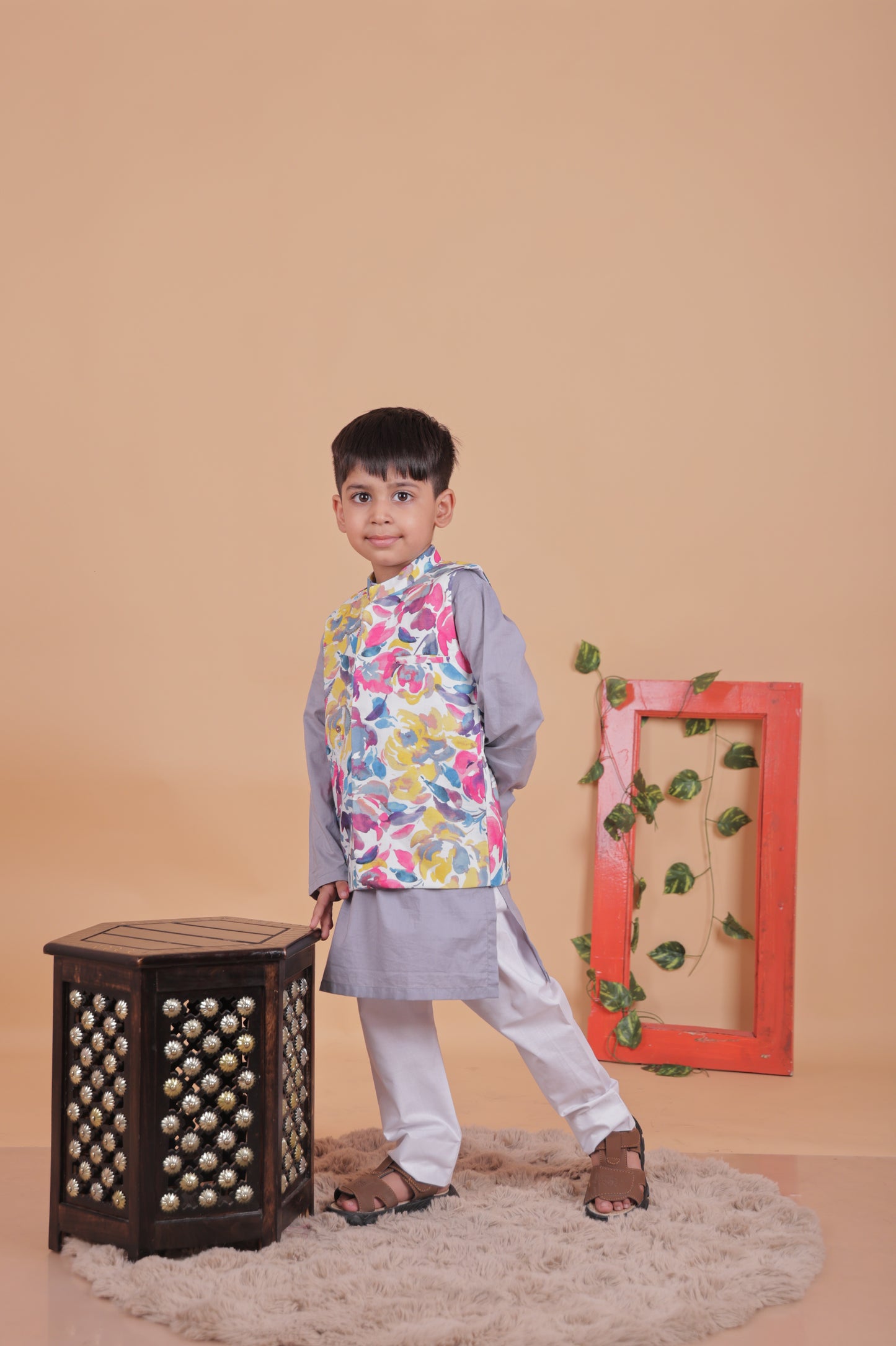 Multi-colored embroidered Nehru jacket with kurta and pant
