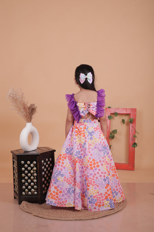 soft pastel multi-colored ruffle lehenga set
