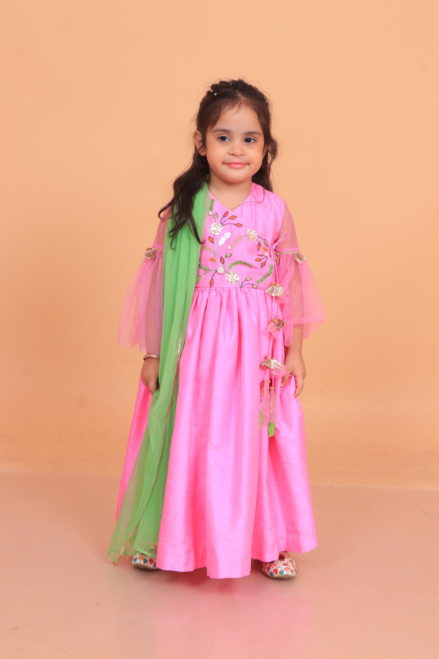 Pink Dupion Silk Embroidered Thread Angarkha Anarkali With Dupatta