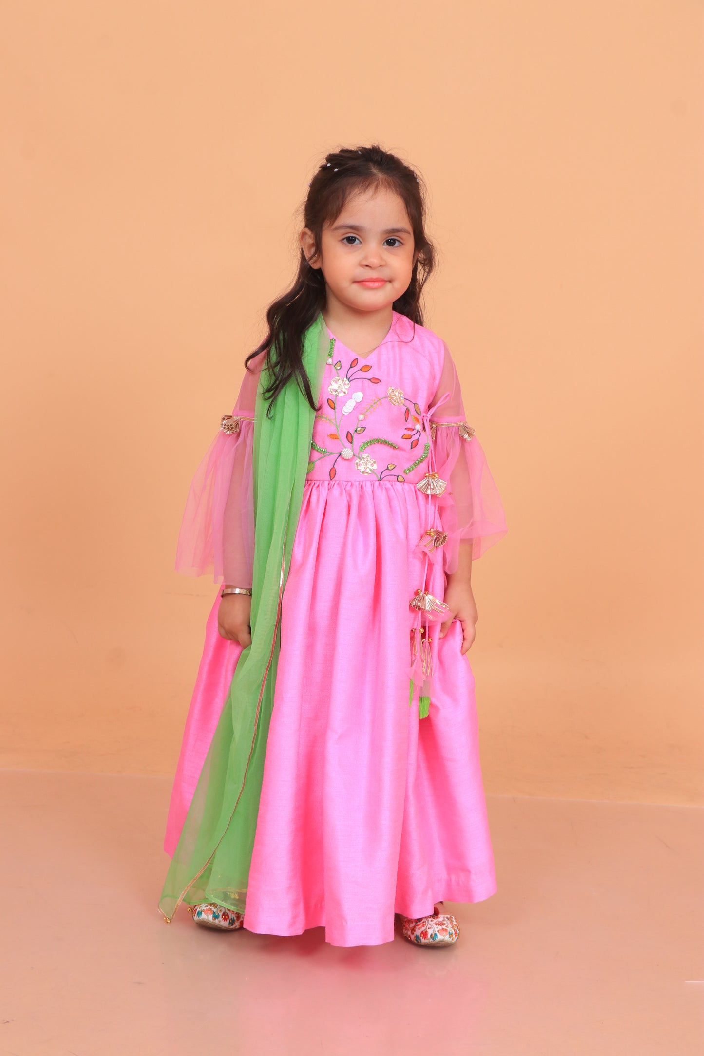 Pink Dupion Silk Embroidered Thread Angarkha Anarkali With Dupatta