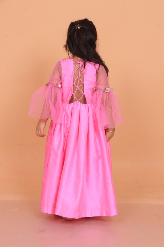 Pink Dupion Silk Embroidered Thread Angarkha Anarkali With Dupatta