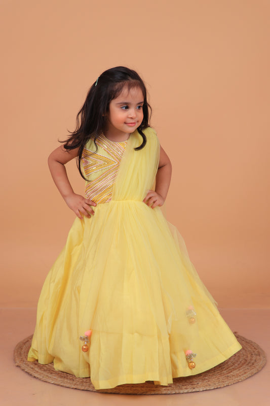 Yellow Sequins And Beads Embroidered Chanderi Gown With Attached Dupatta