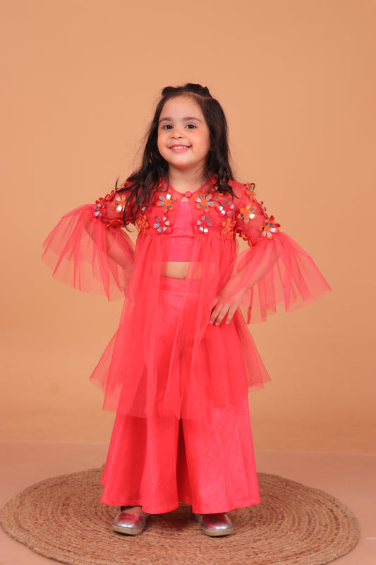 Hot Pink Embroidered Cape Set with Bustier & Sharara