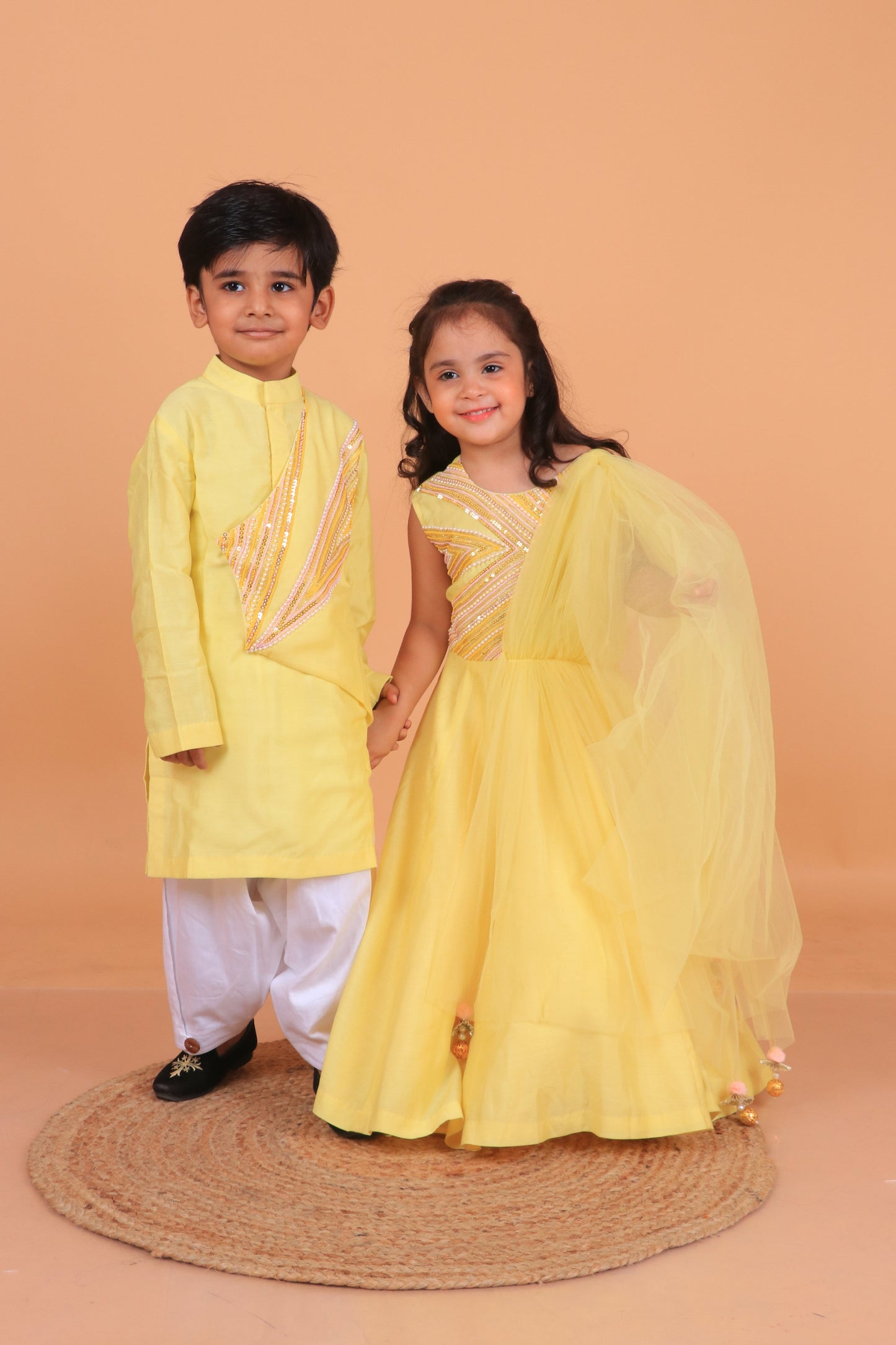 Yellow Sequins And Beads Embroidered Chanderi Gown With Attached Dupatta