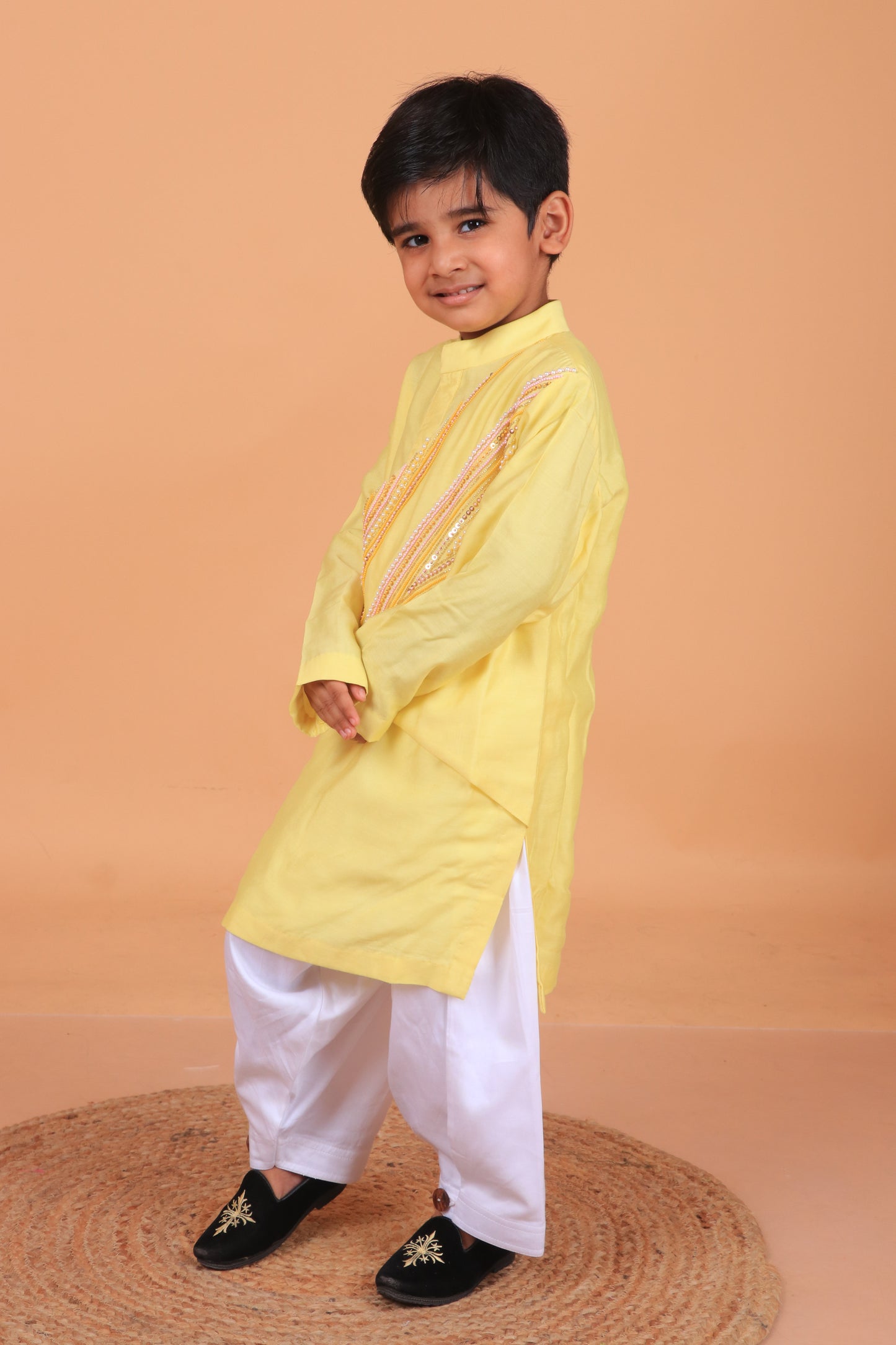 Yellow Hand Embroidered Chanderi Kurta With Satin Pant Set