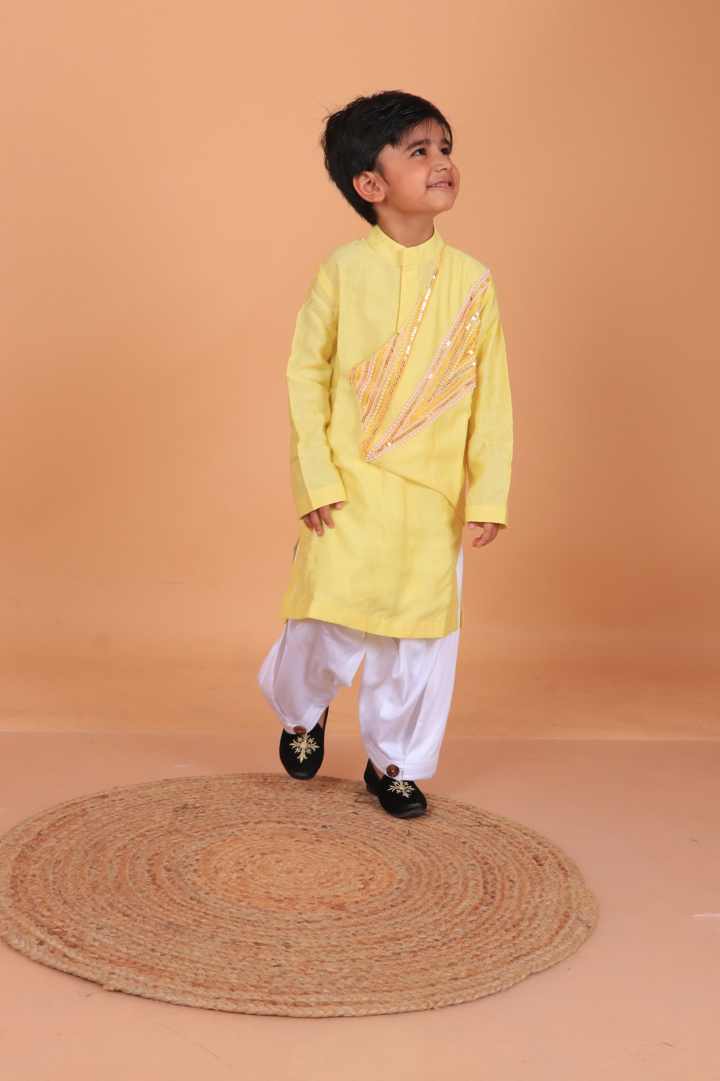Yellow Hand Embroidered Chanderi Kurta With Satin Pant Set