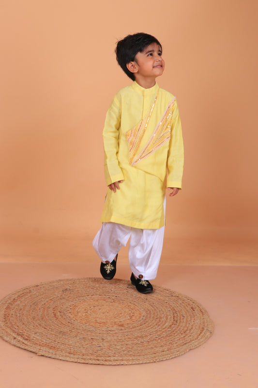 Yellow Hand Embroidered Chanderi Kurta With Satin Pant Set