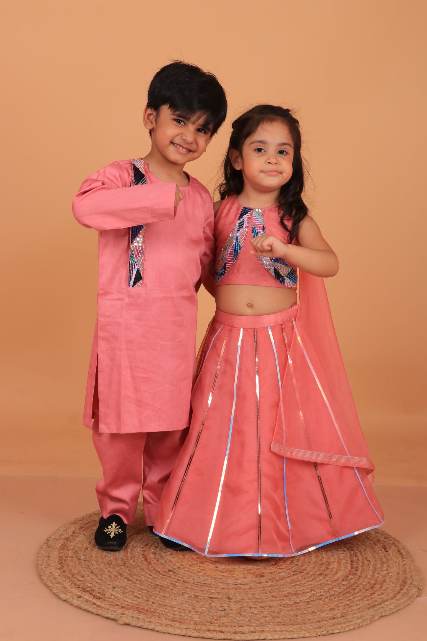 Pastel Pink Cotton Satin Embellished Kurta Set For Boys
