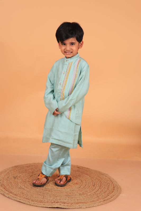 Sage Green Embroidered Chanderi Kurta With Pyjama Set