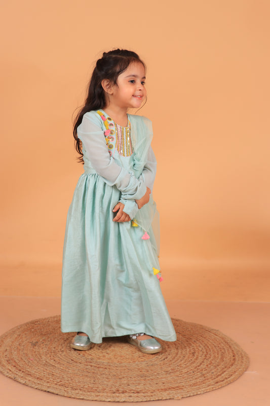 Sage Green Embroidered And Handmade Tassels Detailing Anarkali With Dupatta