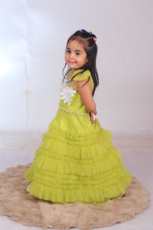 Neon Yellow Dupion Silk Embroidered 3d Applique Yoke Tiered Dress
