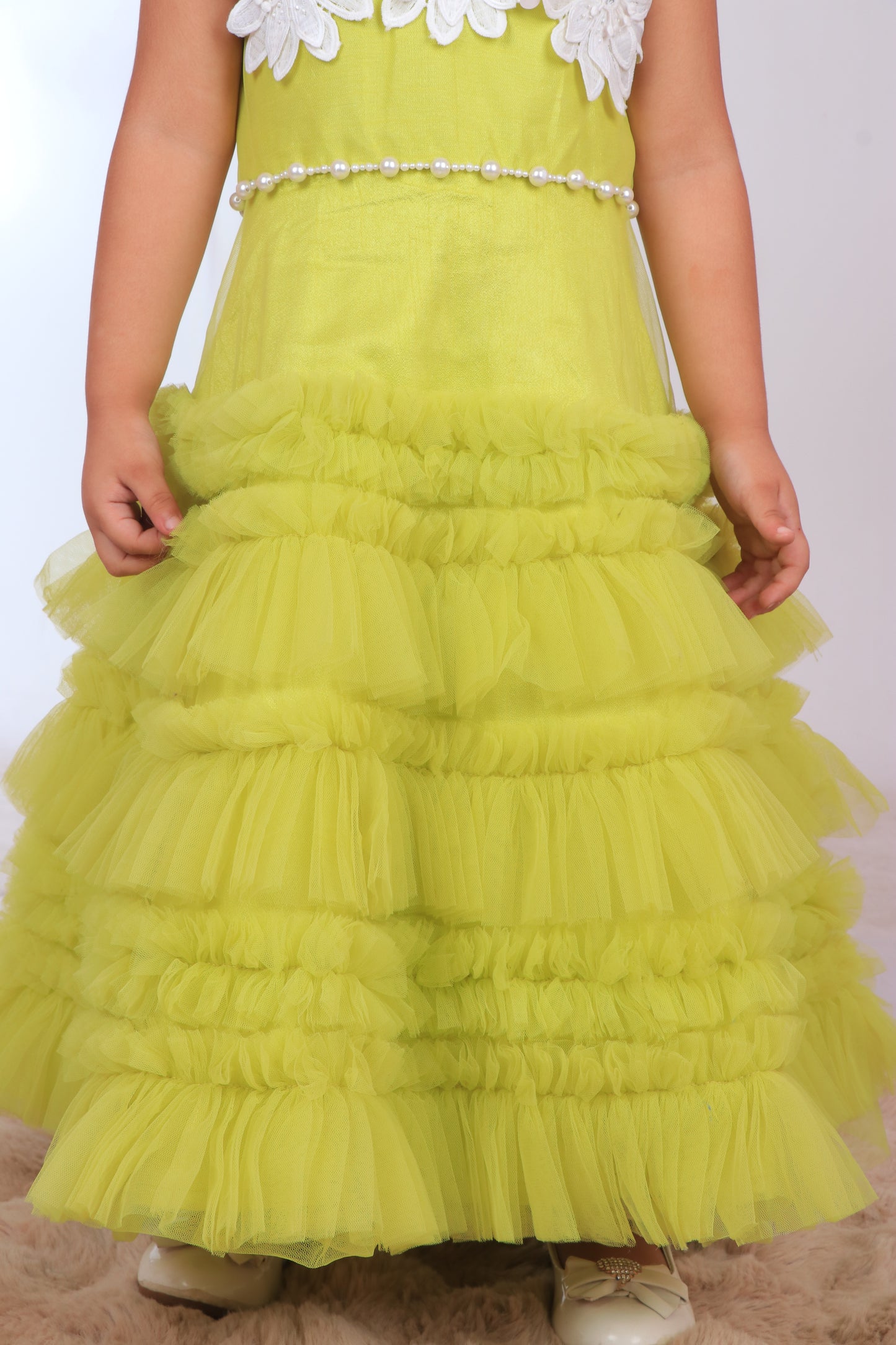 Neon Yellow Dupion Silk Embroidered 3d Applique Yoke Tiered Dress