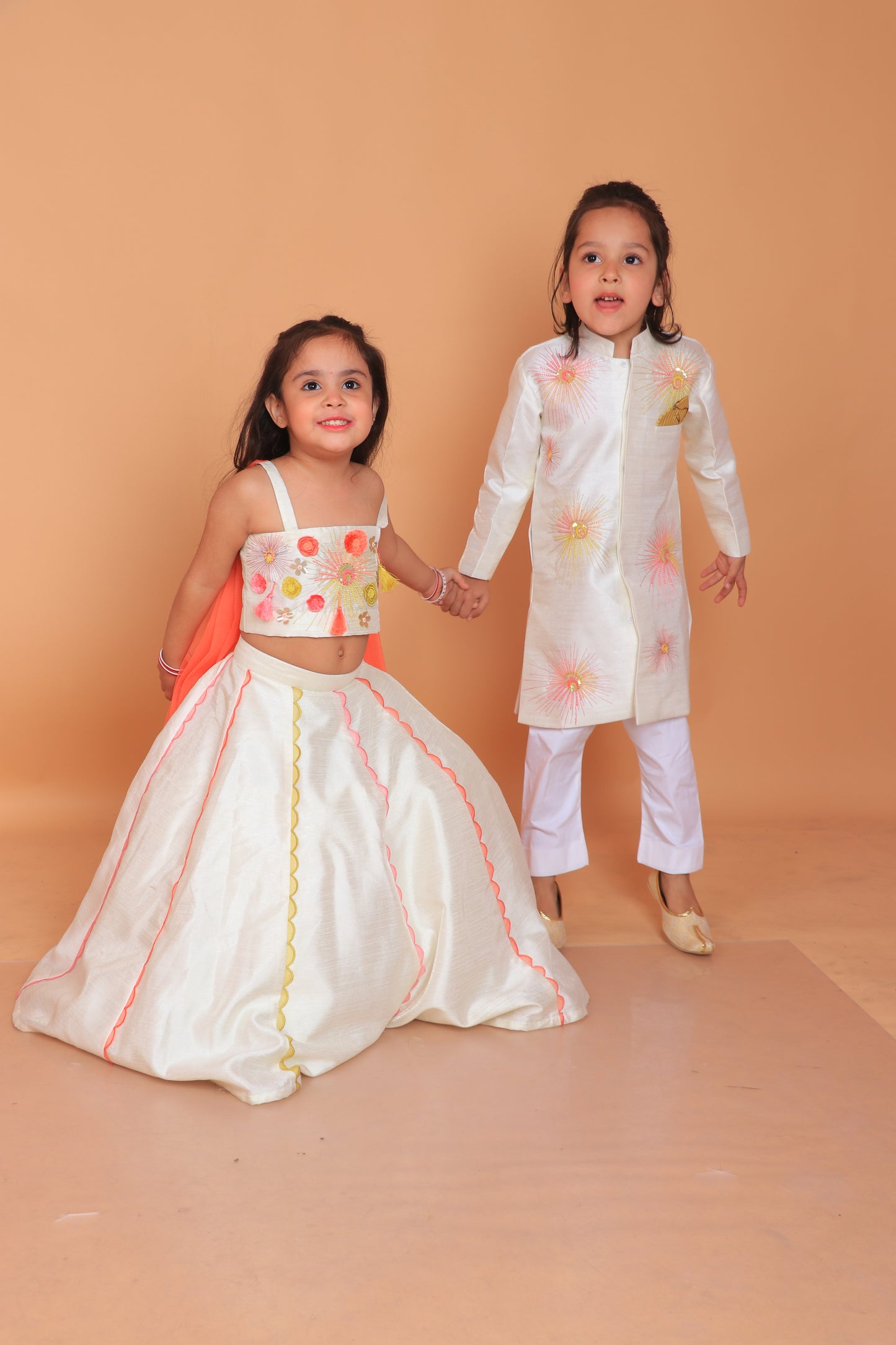 Off White Embroidered Top With Attached Dupatta And Lehenga Set