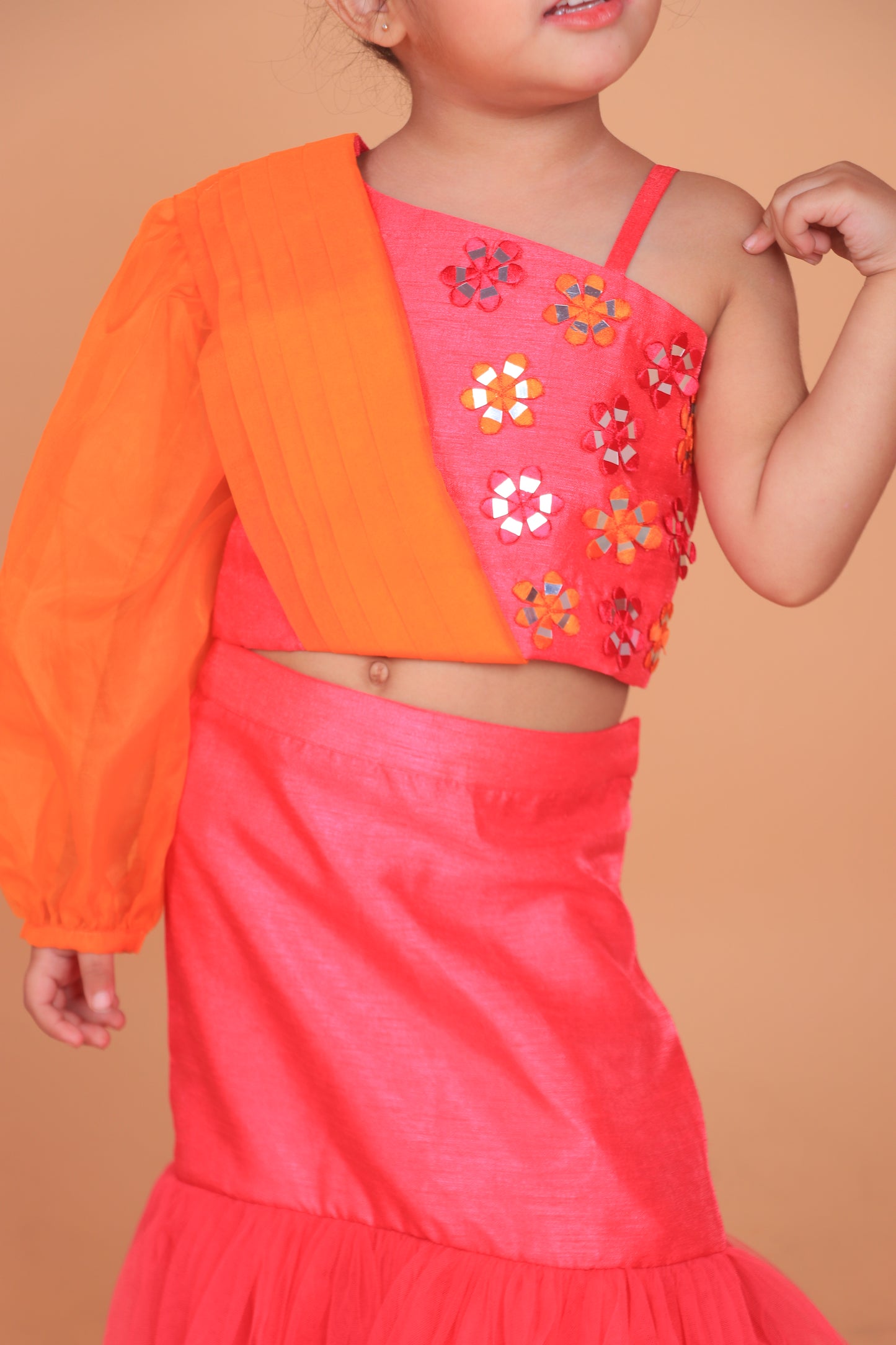 Hot Pink Dupion Silk Embroidered Thread And Mirror Work Blouse & Lehenga Set