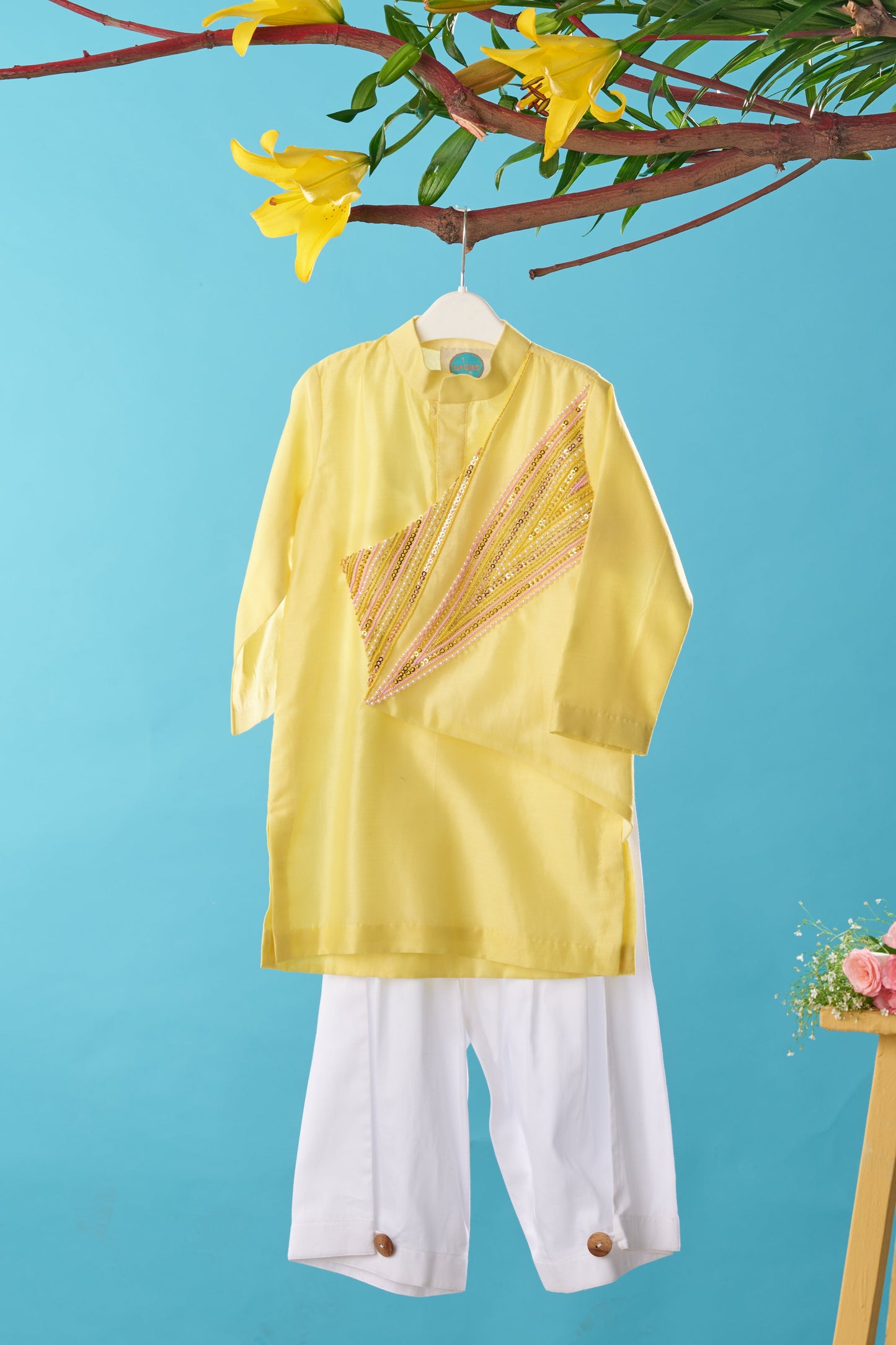 Yellow Hand Embroidered Chanderi Kurta With Satin Pant Set