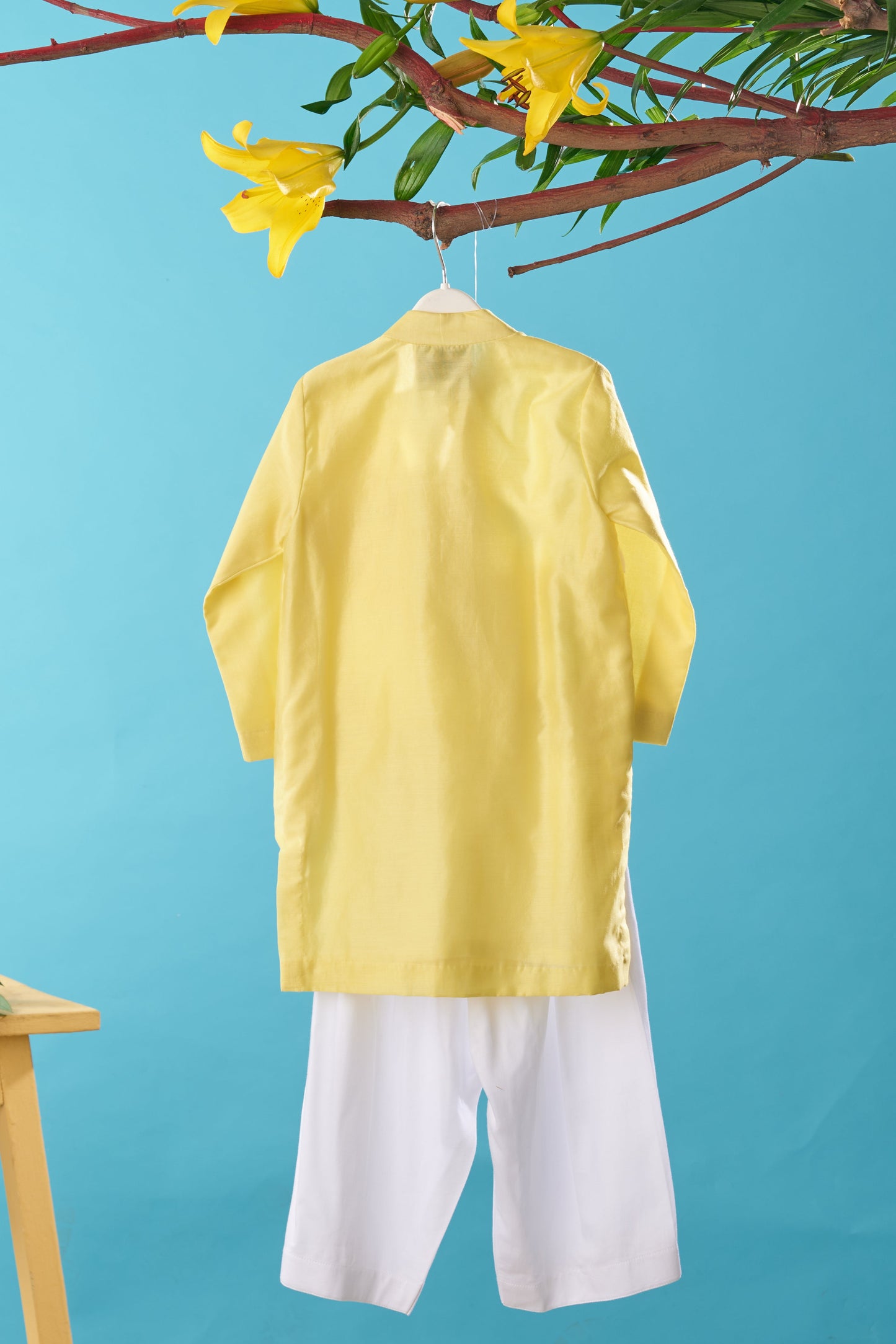 Yellow Hand Embroidered Chanderi Kurta With Satin Pant Set
