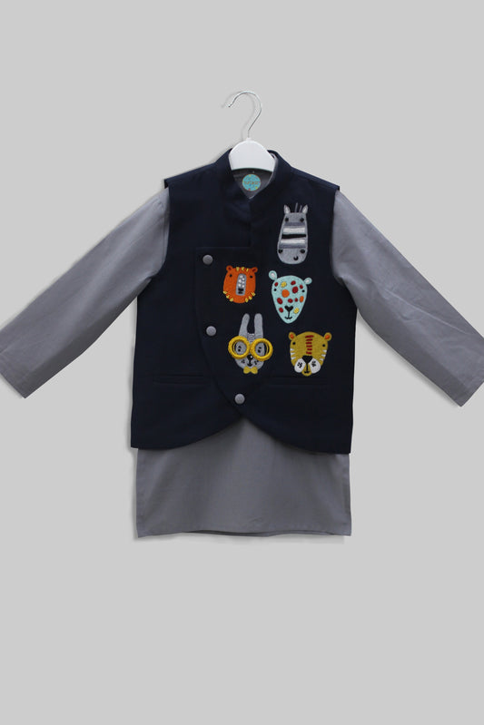 Cartoon faces embroidered nehru jacket and kurta with jodhpuri pants