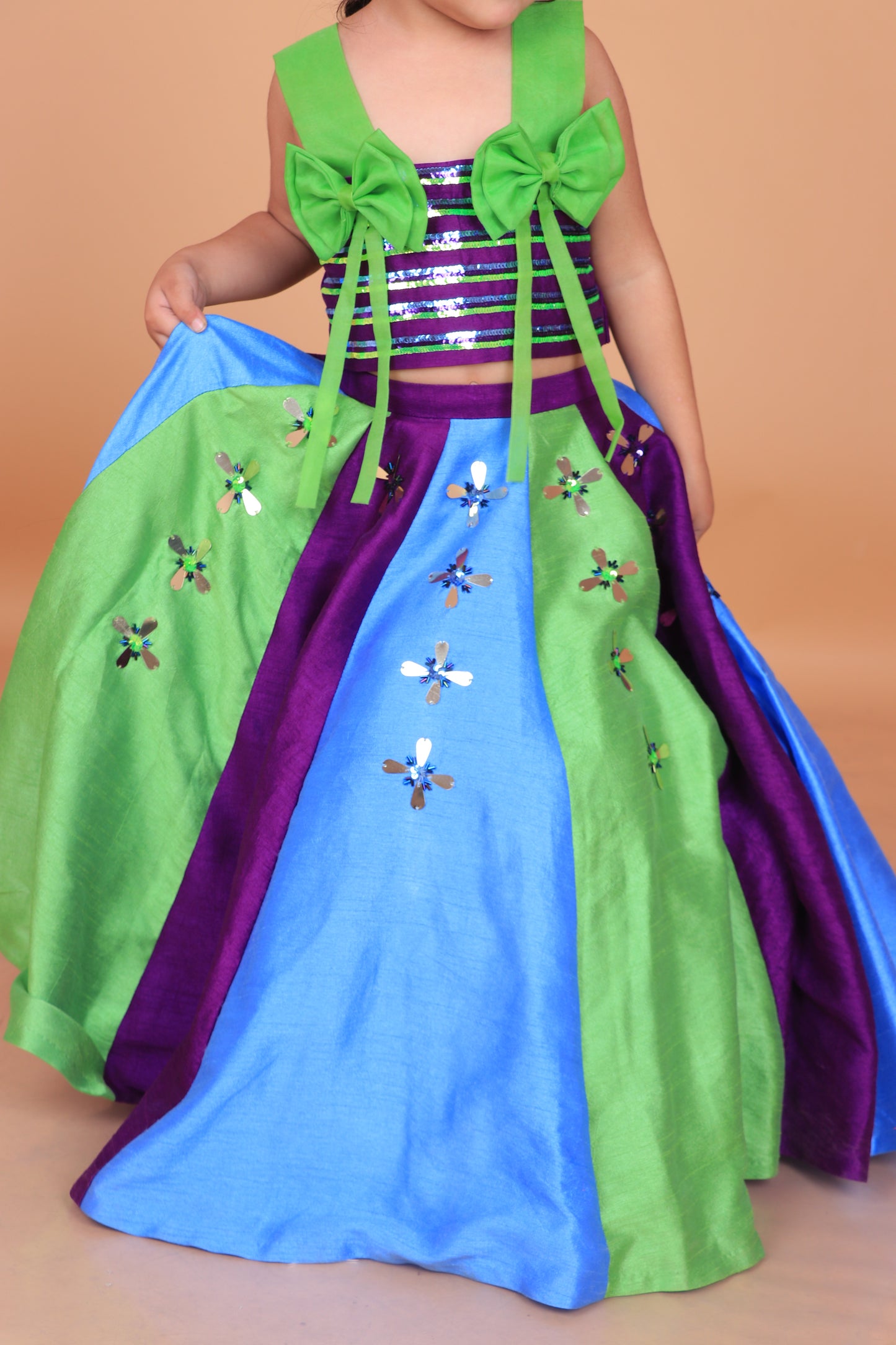 Purple Embroidered Choli With Statement Bow Design Paired With Multicolor Embroidered Lehenga Set