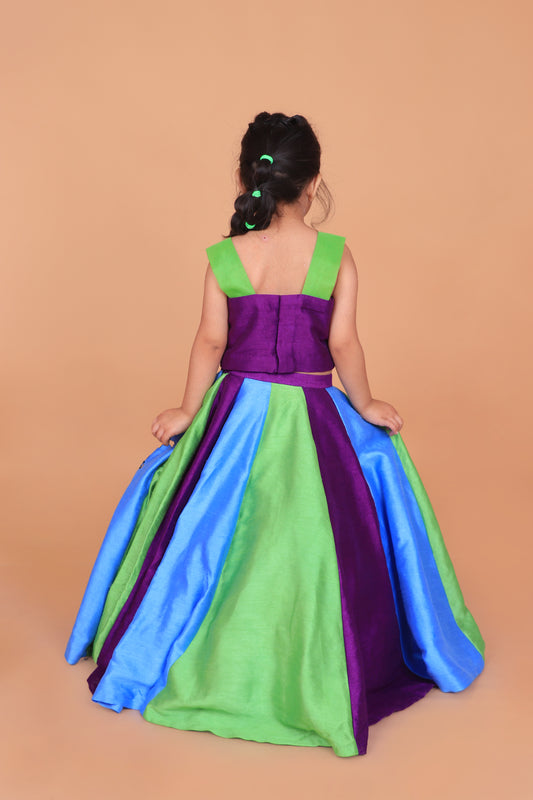 Purple Embroidered Choli With Statement Bow Design Paired With Multicolor Embroidered Lehenga Set