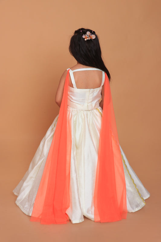 Off White Embroidered Top With Attached Dupatta And Lehenga Set
