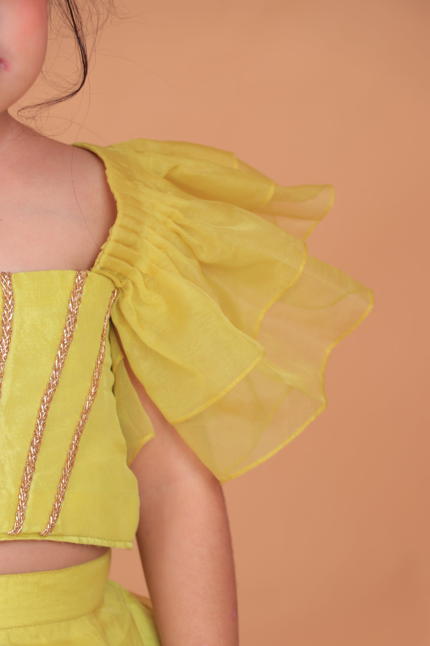 Yellow Organza Embellished Top With Embroidered Lehenga Set
