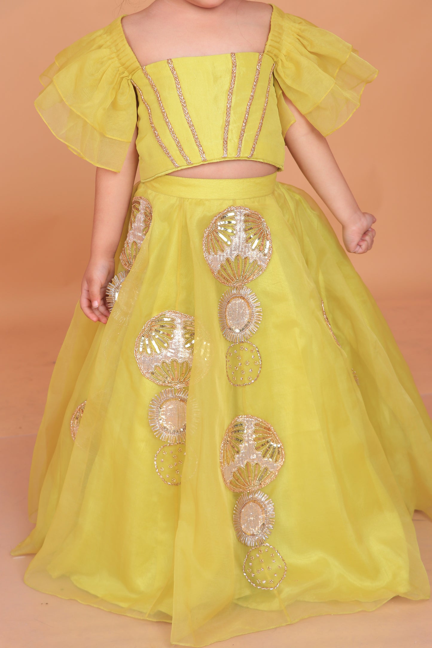 Yellow Organza Embellished Top With Embroidered Lehenga Set