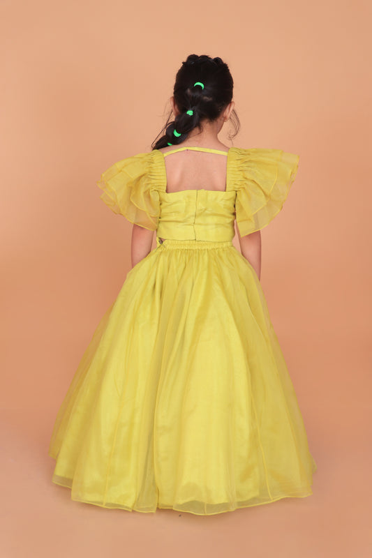 Yellow Organza Embellished Top With Embroidered Lehenga Set