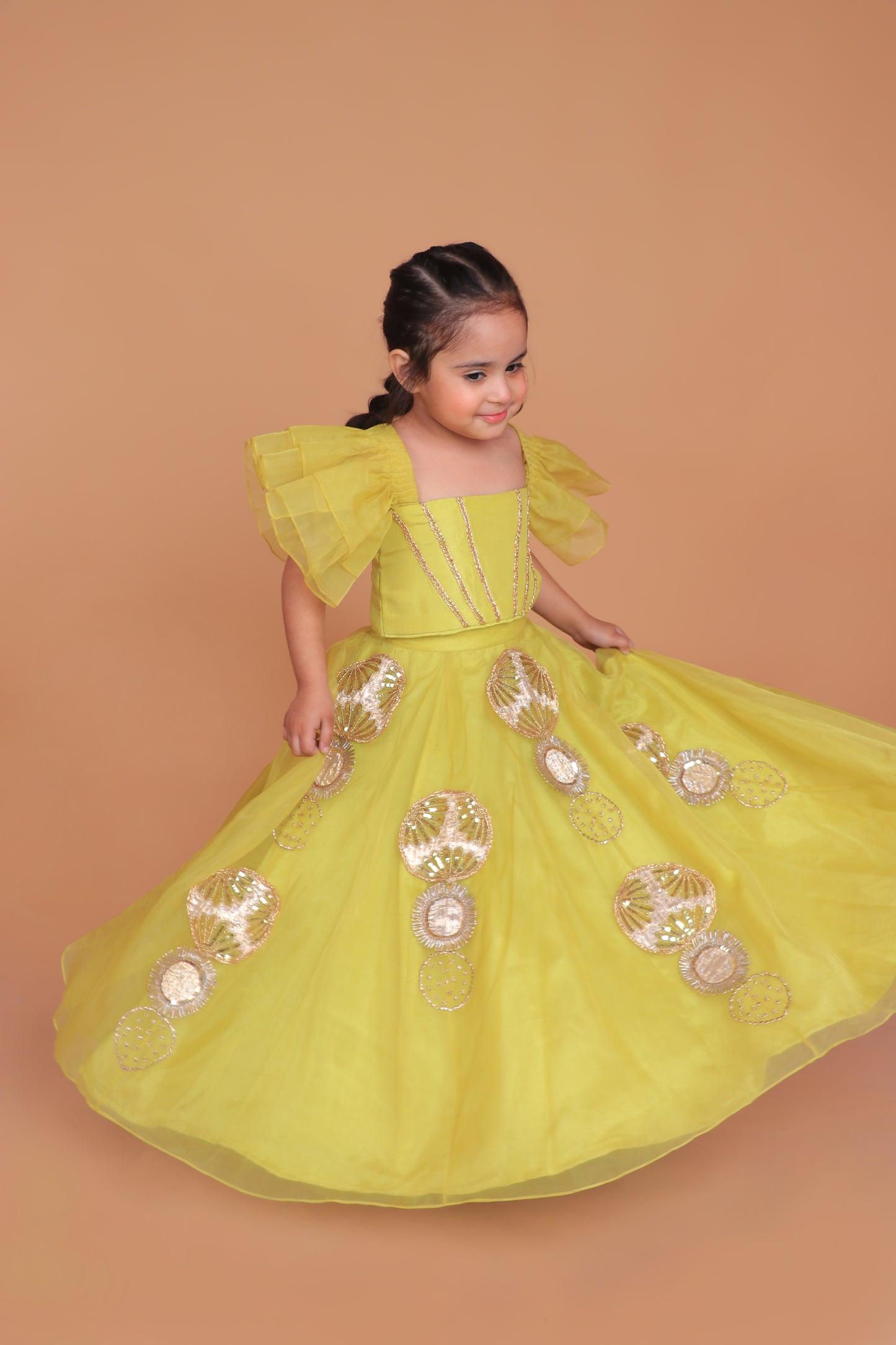 Yellow Organza Embellished Top With Embroidered Lehenga Set